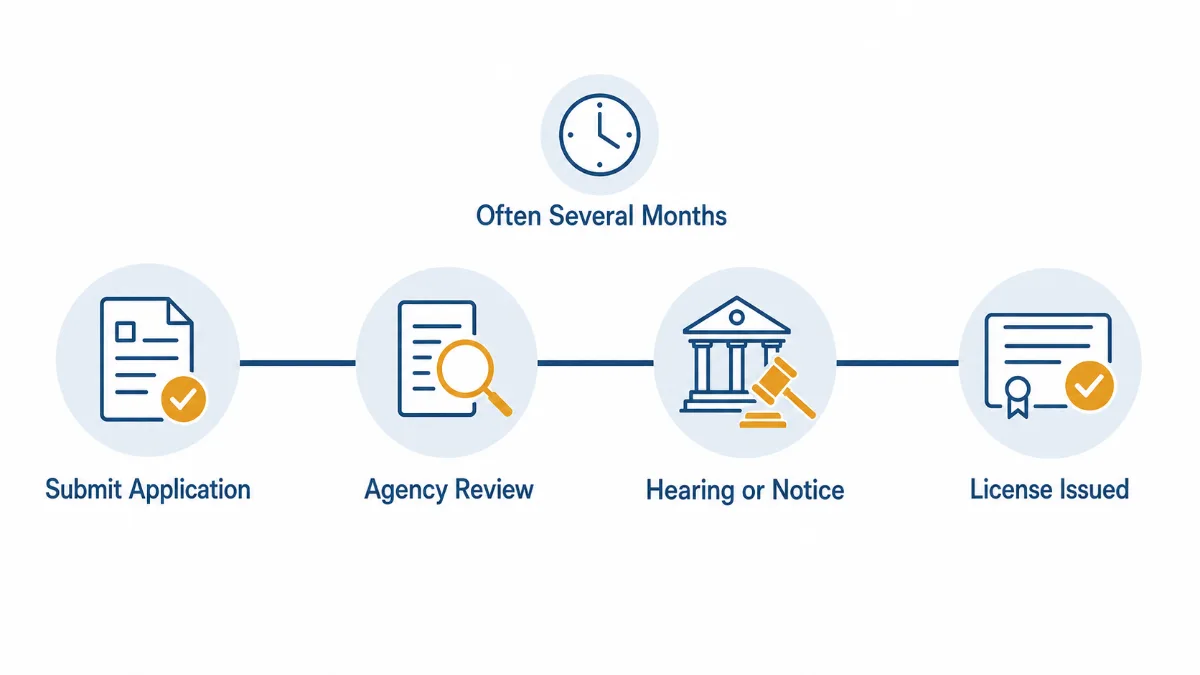 A horizontal timeline of four milestones for a liquor license: submit application, agency review, hearing or notice and license issued, marked as often taking several months