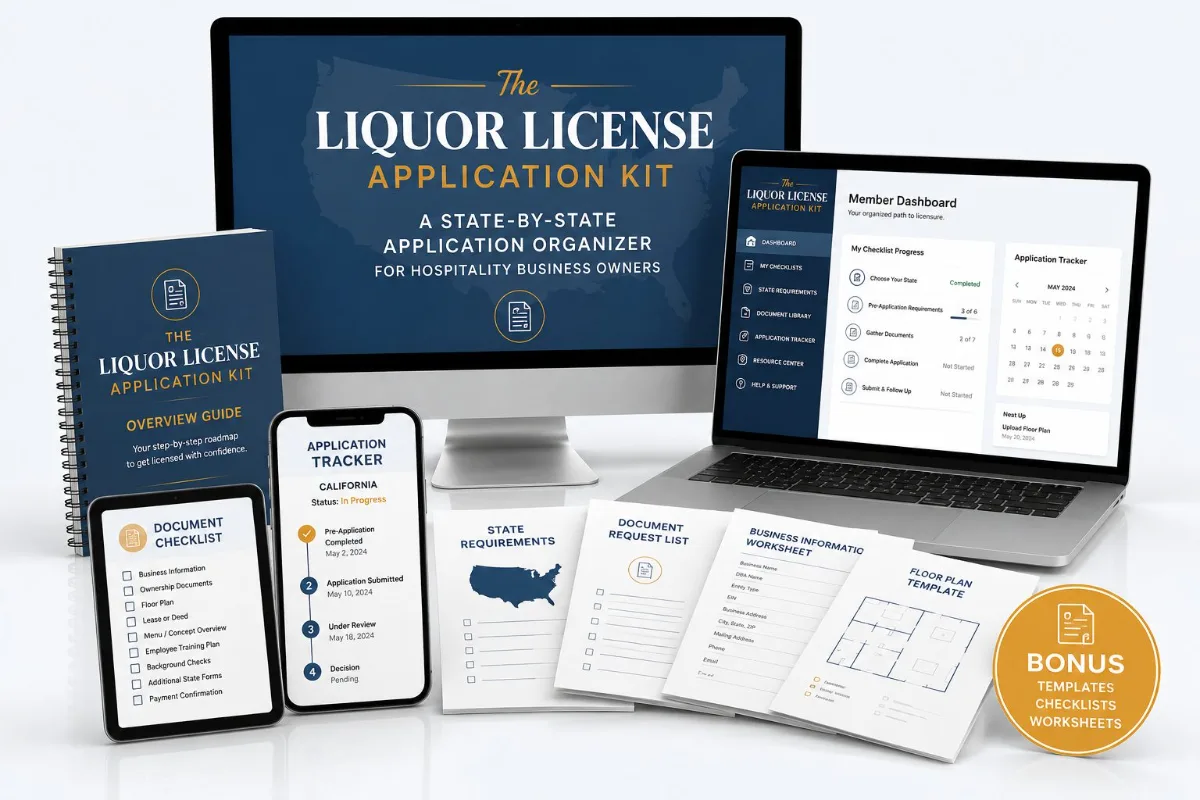 The Liquor License Application Kit shown across a desktop screen, a laptop open on the member dashboard, a tablet document checklist, a phone application tracker and the printed overview guide with state requirement and worksheet pages fanned out in front